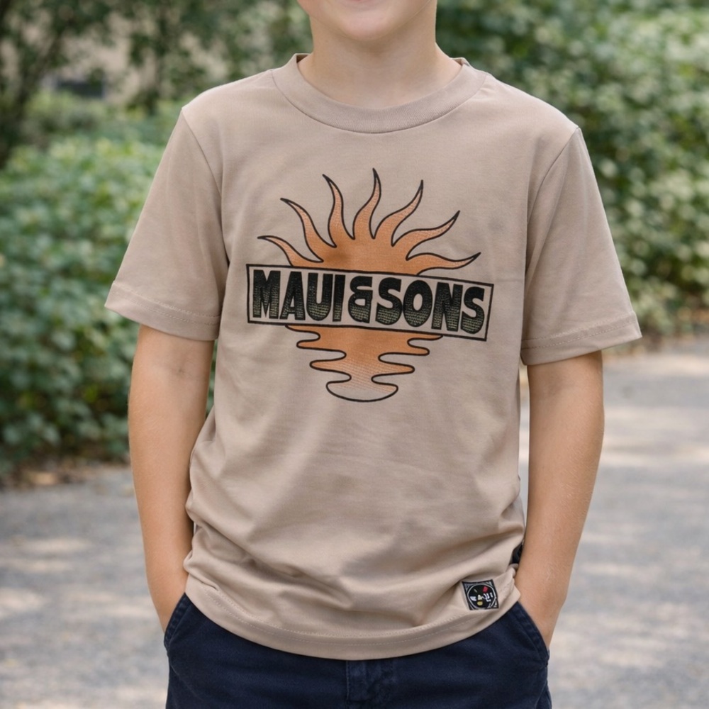 Maui and Sons Tan Youth Tee UPF 50+ Fabric Orange Sun Logo